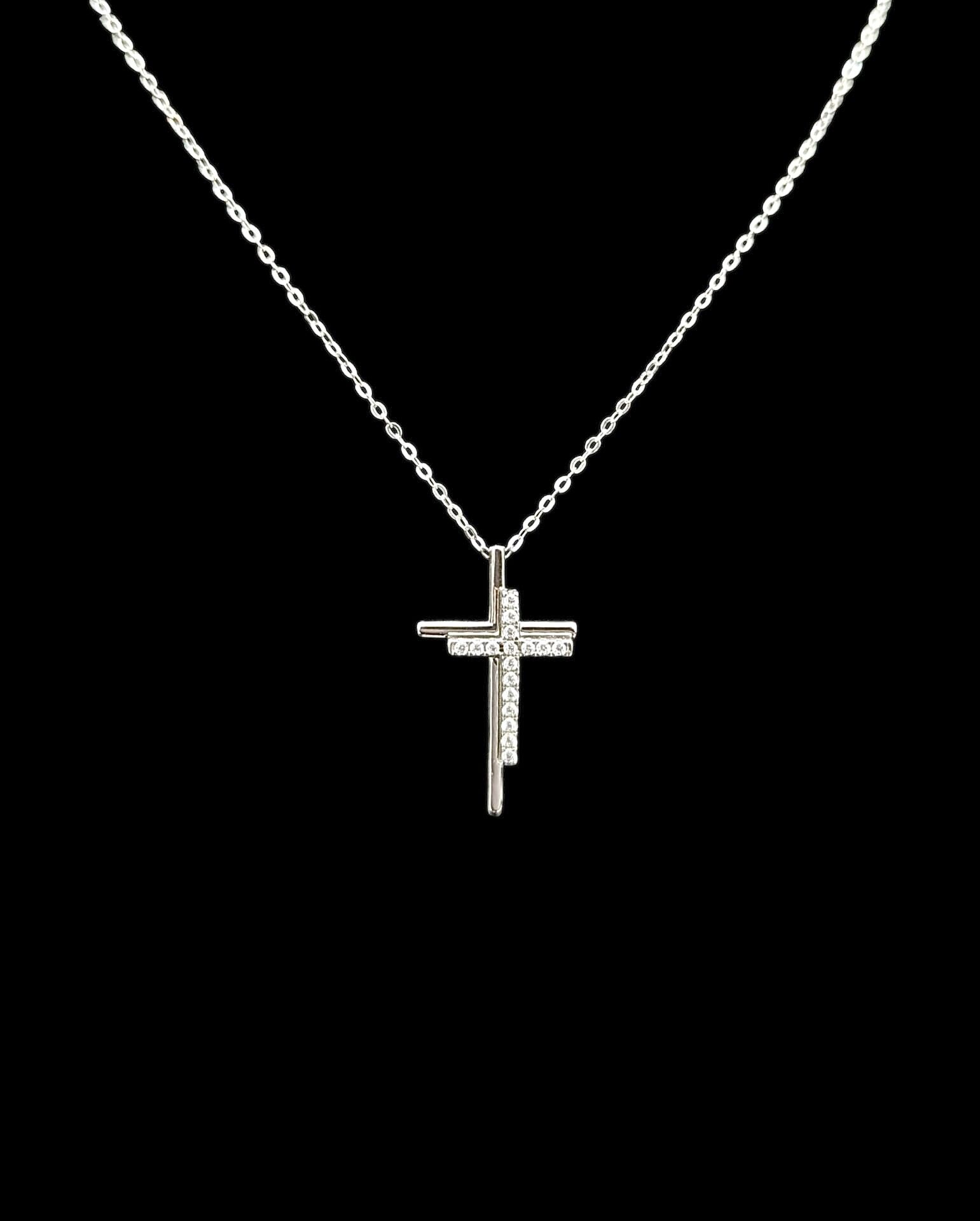 Collier Double Croix Lisse Serti
