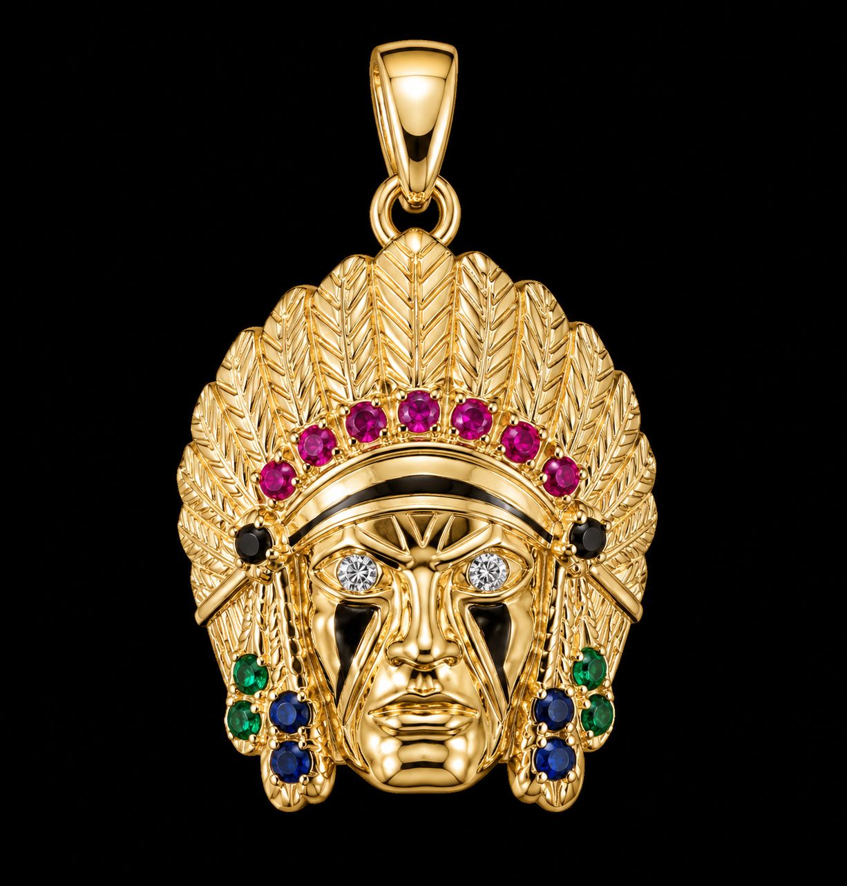 Pendentif doré chef amérindien, gemmes colorées